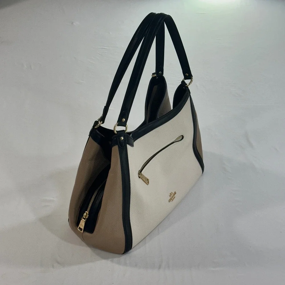 Coach Hadley Hobo Bag Colorblock Leather Shoulder Bag White Tan Black C6828